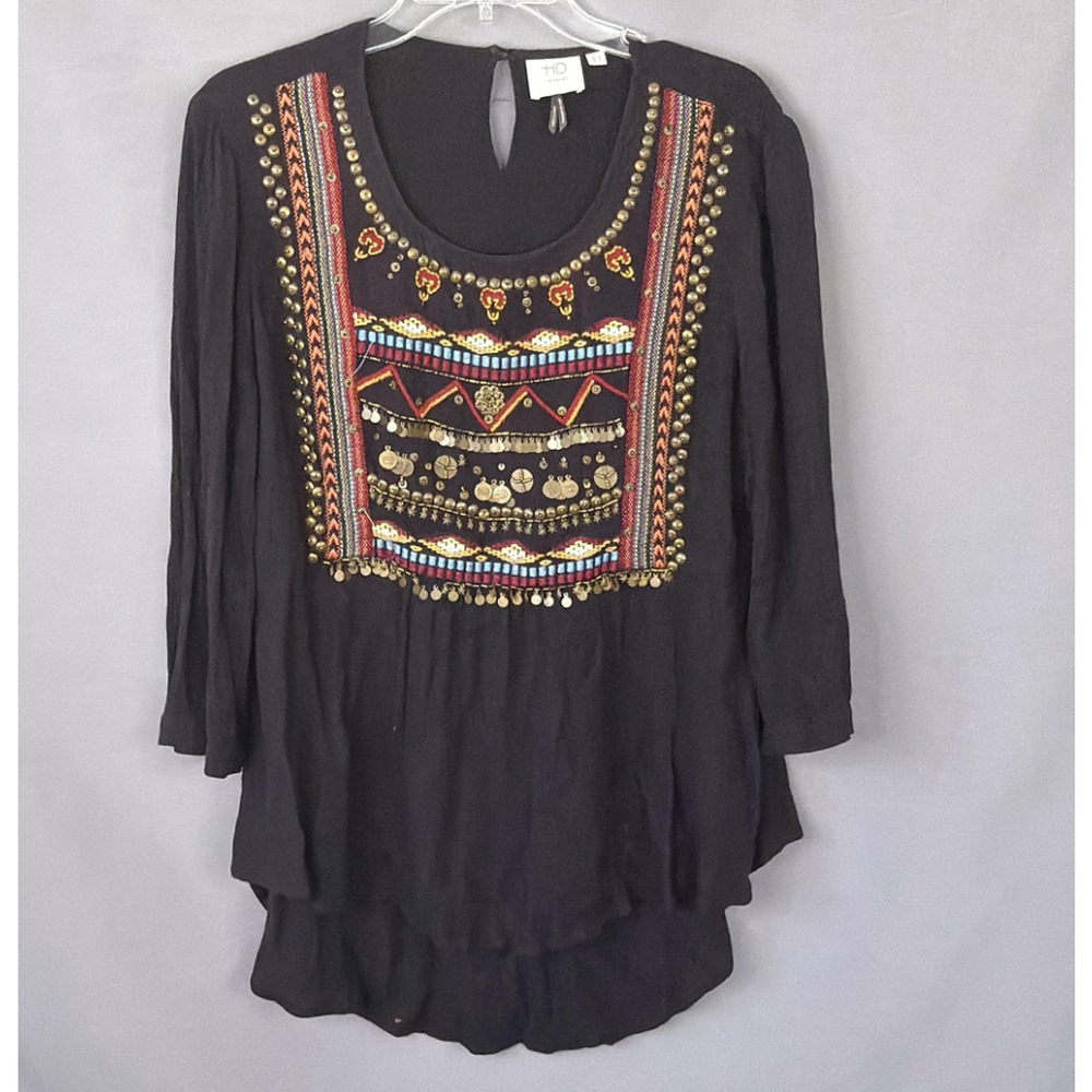 HD In Paris Anthropologie Top Womens 12 Black Embroidered‎ Tunic Boho Crinkle